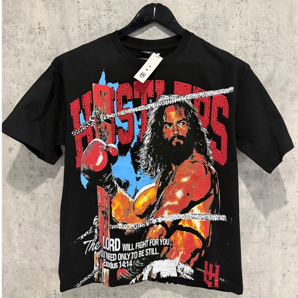 Hustlers Boxing Graphic Tee Black Exodus 14:14 Christian Rhinestone T-Shirt S